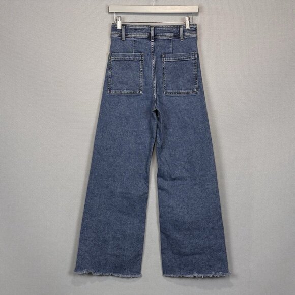 Zara Jeans Womens 6 Blue The Marine Straight Wide Leg High Rise Fray Hem Stretch - Picture 2 of 9